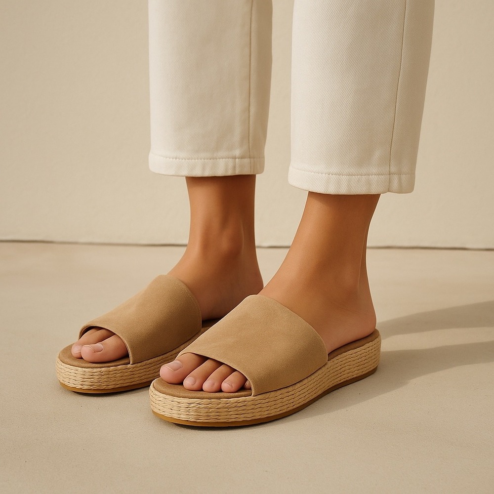Lisa Vicky Smile-V Tan Suede Espadrille Slides Women's 8M Sandals Summer‎ Shoes